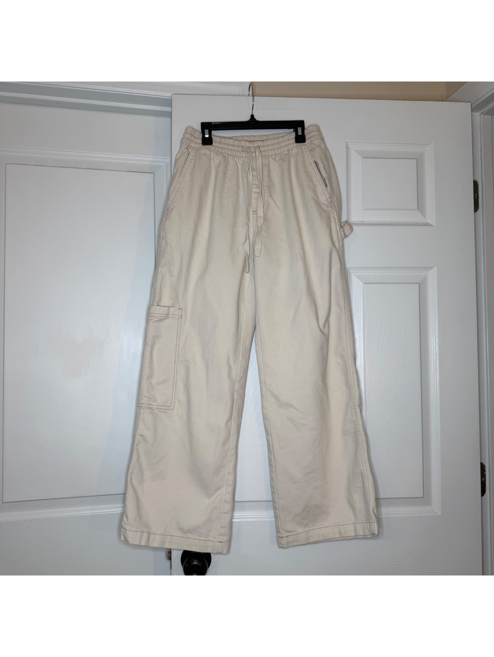 Aerie Wide Leg Carpenter Cargo Pants Cream Elastic Waist Womens S Regular